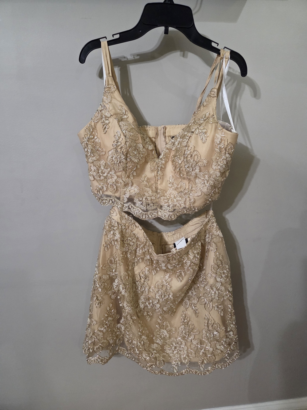 B Darlin Beige Lace Embroidered Bandeau Two-Piece Formal Set